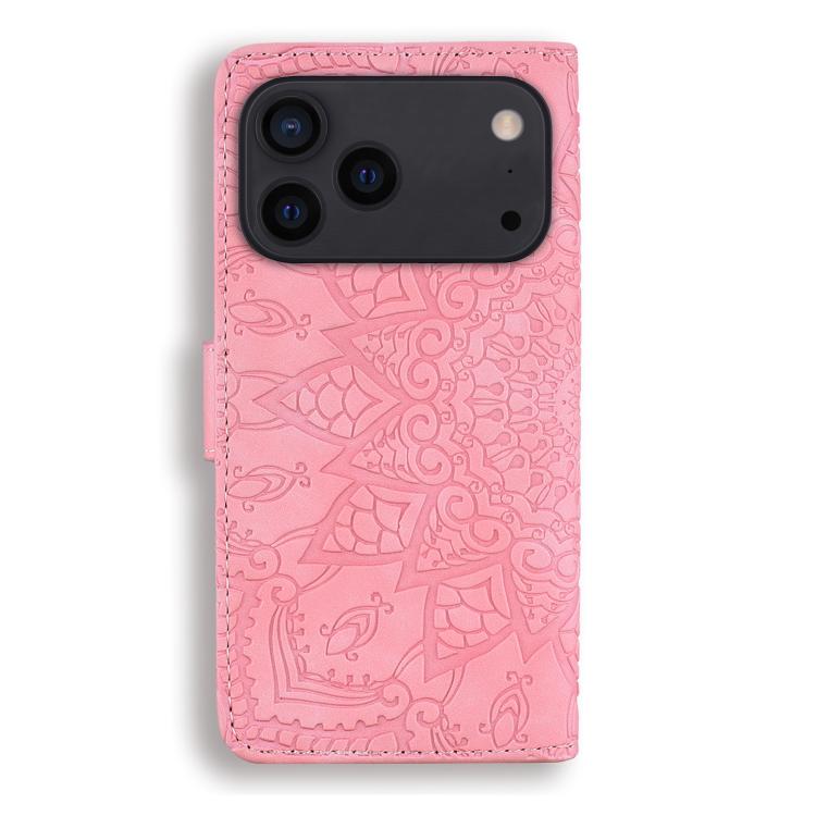 For iPhone 17 Pro Max Mandala Embossed Dual-Fold Calf Leather Phone Case
