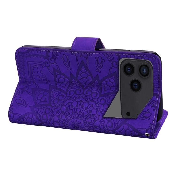 For iPhone 17 Pro Max Mandala Embossed Dual-Fold Calf Leather Phone Case