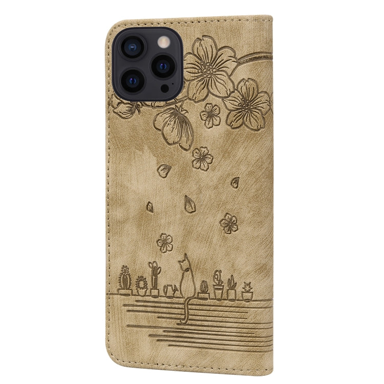 For iPhone 16 Pro Max Cartoon Sakura Cat Embossed Leather Phone Case