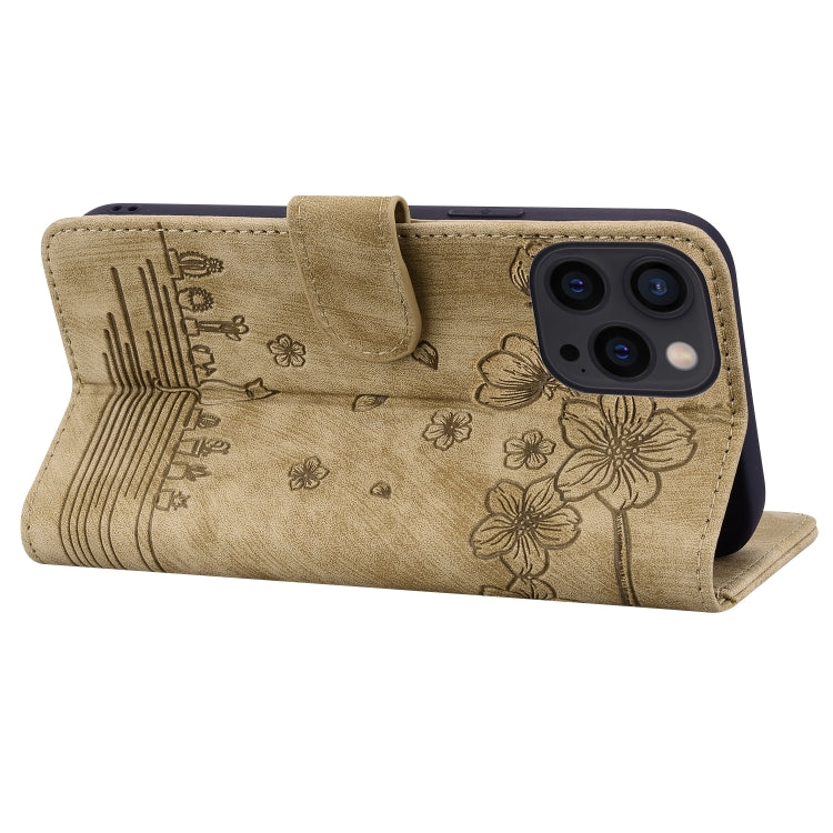 For iPhone 16 Pro Max Cartoon Sakura Cat Embossed Leather Phone Case