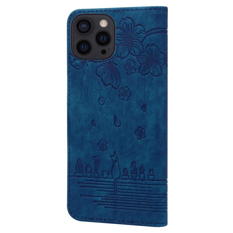 For iPhone 16 Pro Max Cartoon Sakura Cat Embossed Leather Phone Case