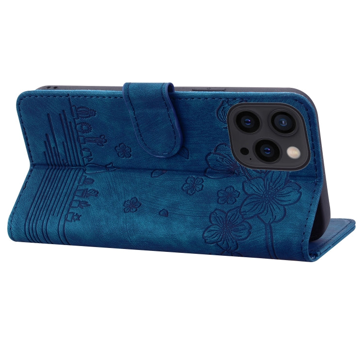 For iPhone 16 Pro Max Cartoon Sakura Cat Embossed Leather Phone Case