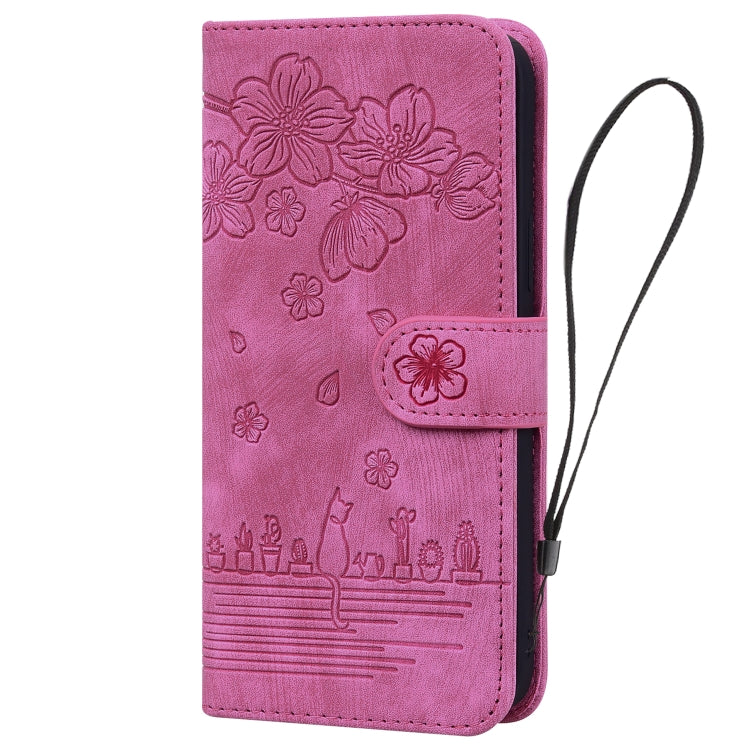 For iPhone 16 Pro Max Cartoon Sakura Cat Embossed Leather Phone Case
