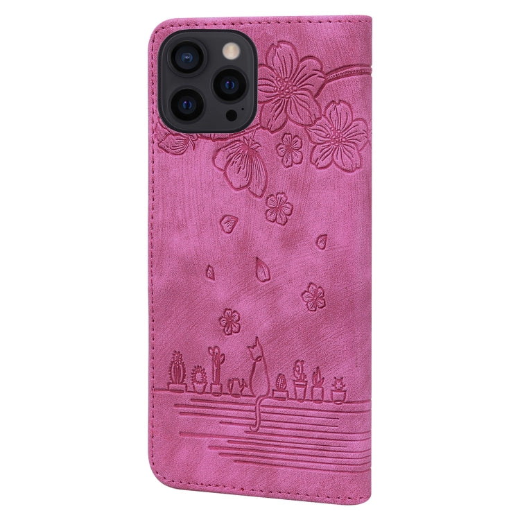 For iPhone 16 Pro Max Cartoon Sakura Cat Embossed Leather Phone Case