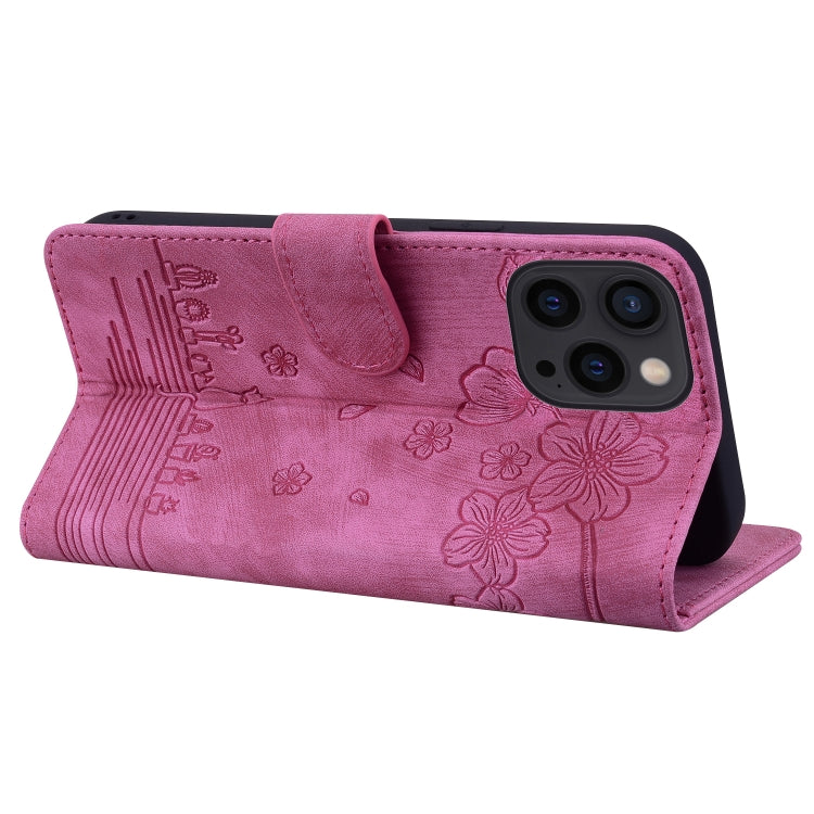 For iPhone 16 Pro Max Cartoon Sakura Cat Embossed Leather Phone Case
