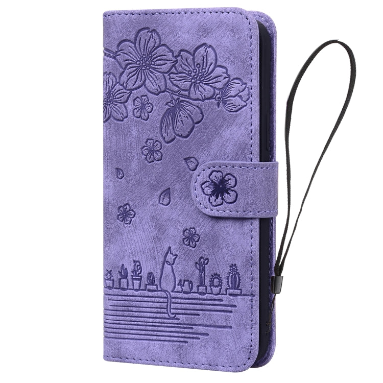 For iPhone 16 Pro Max Cartoon Sakura Cat Embossed Leather Phone Case