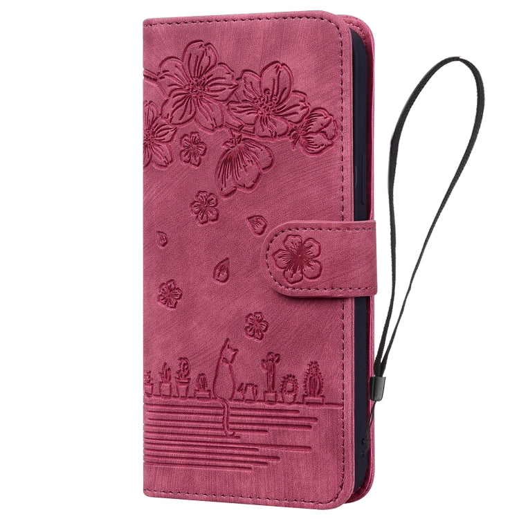 For iPhone 16 Pro Max Cartoon Sakura Cat Embossed Leather Phone Case