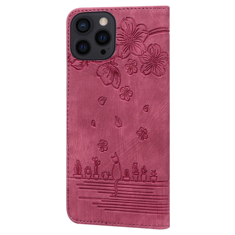 For iPhone 16 Pro Max Cartoon Sakura Cat Embossed Leather Phone Case