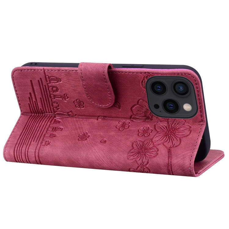 For iPhone 16 Pro Max Cartoon Sakura Cat Embossed Leather Phone Case