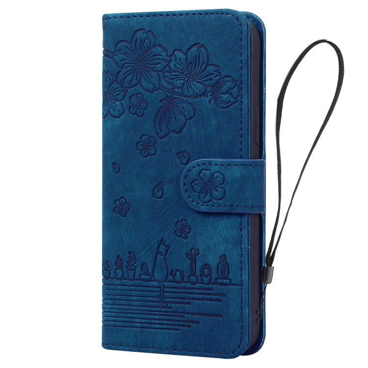 For iPhone 16 Pro Cartoon Sakura Cat Embossed Leather Phone Case