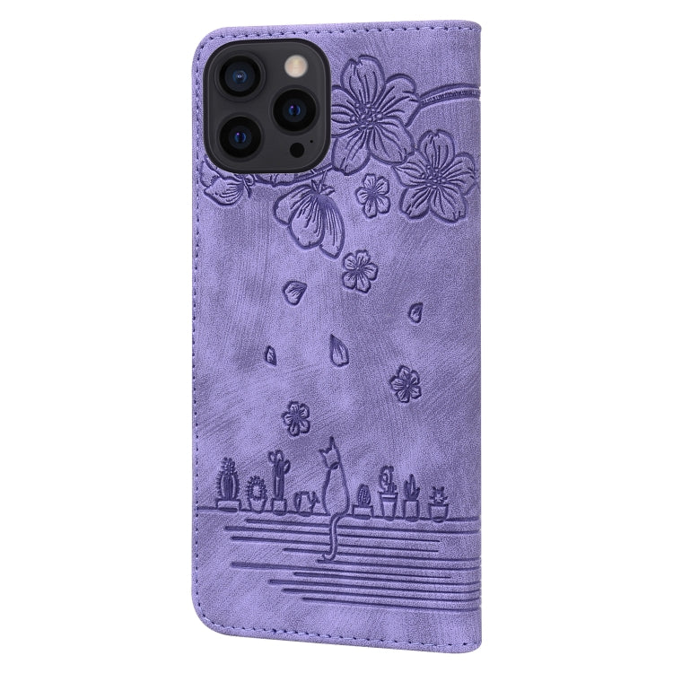 For iPhone 16 Pro Cartoon Sakura Cat Embossed Leather Phone Case