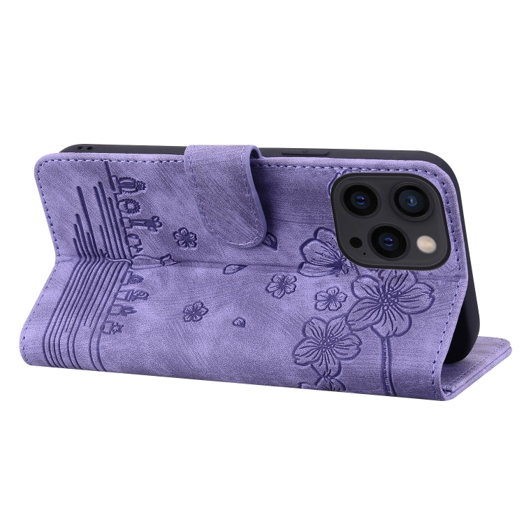 For iPhone 16 Pro Cartoon Sakura Cat Embossed Leather Phone Case