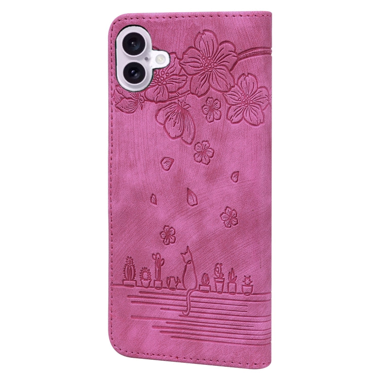 For iPhone 16 Plus Cartoon Sakura Cat Embossed Leather Phone Case