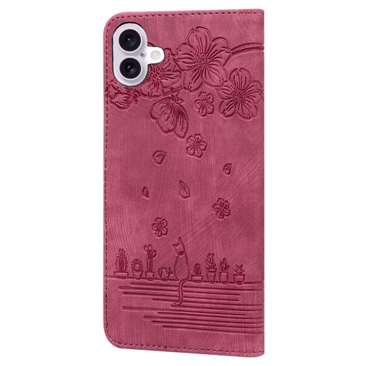 For iPhone 16 Plus Cartoon Sakura Cat Embossed Leather Phone Case