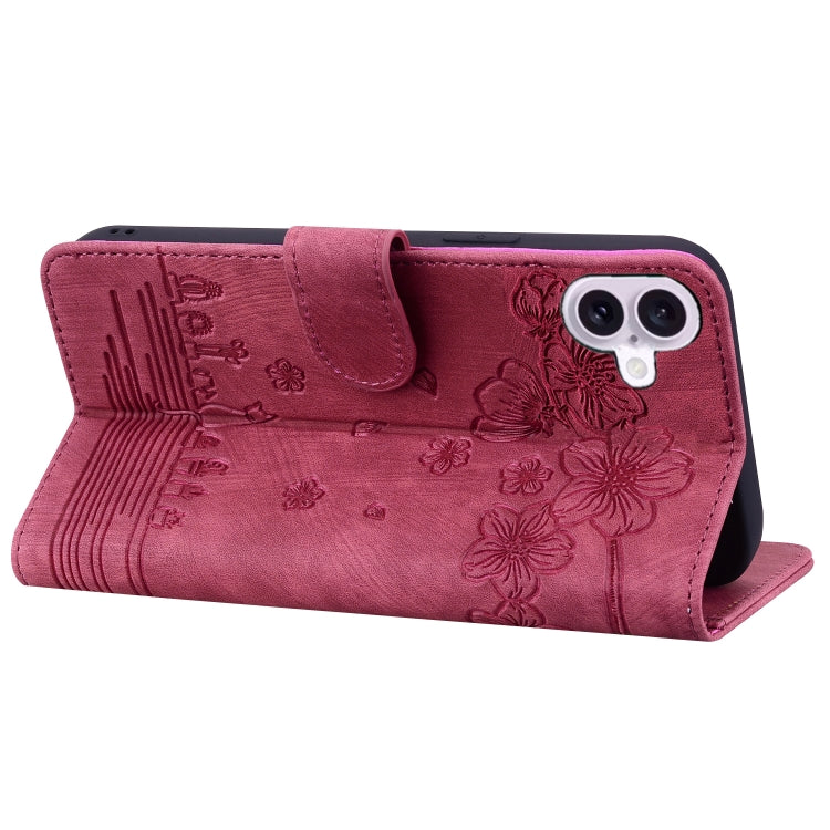 For iPhone 16 Plus Cartoon Sakura Cat Embossed Leather Phone Case
