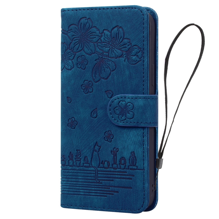 For iPhone 16 Cartoon Sakura Cat Embossed Leather Phone Case