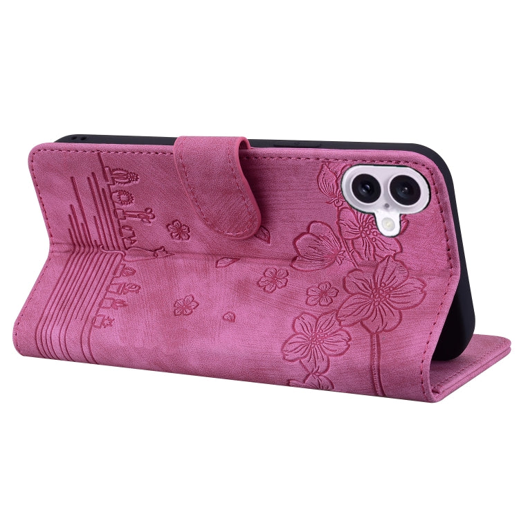 For iPhone 16 Cartoon Sakura Cat Embossed Leather Phone Case