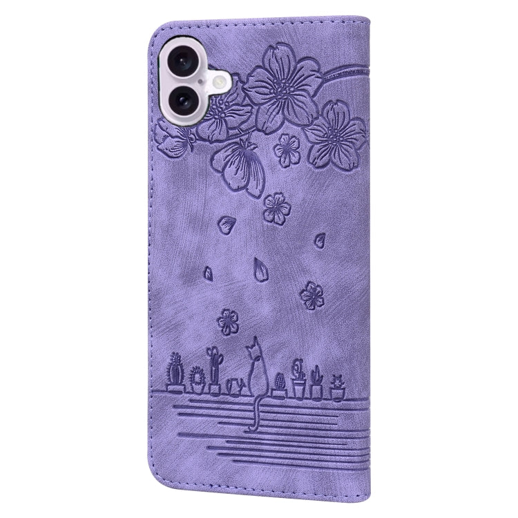 For iPhone 16 Cartoon Sakura Cat Embossed Leather Phone Case