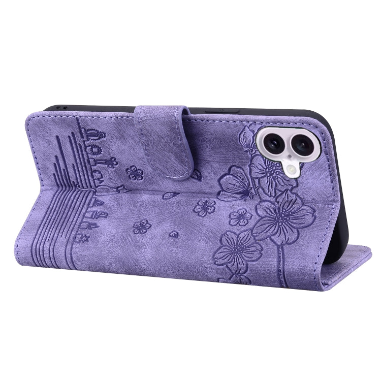 For iPhone 16 Cartoon Sakura Cat Embossed Leather Phone Case
