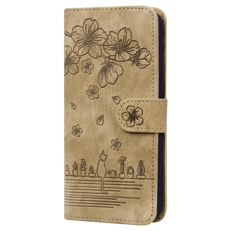 For iPhone 17e / 16e Cartoon Sakura Cat Embossed Leather Phone Case