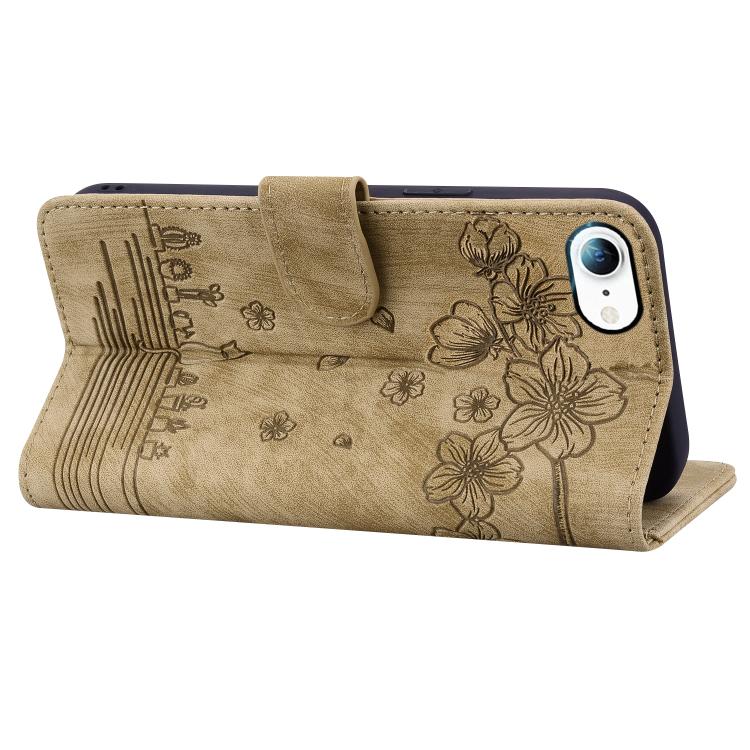 For iPhone 17e / 16e Cartoon Sakura Cat Embossed Leather Phone Case