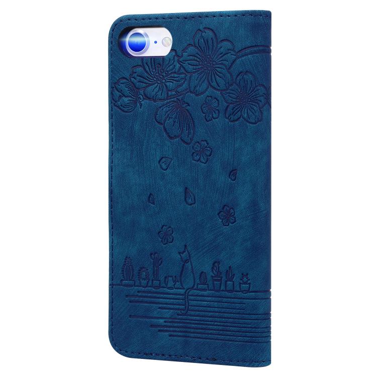 For iPhone 17e / 16e Cartoon Sakura Cat Embossed Leather Phone Case