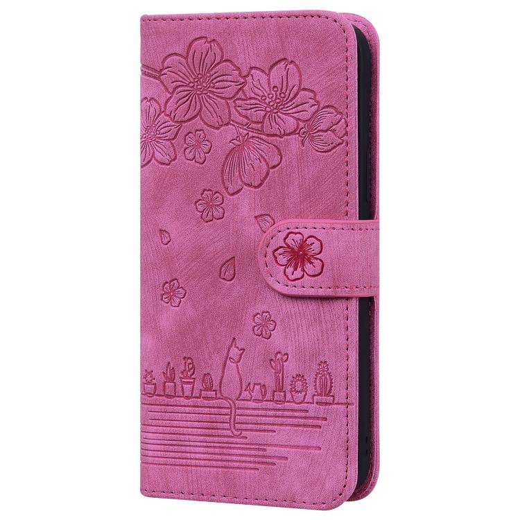 For iPhone 17e / 16e Cartoon Sakura Cat Embossed Leather Phone Case