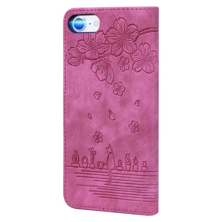 For iPhone 17e / 16e Cartoon Sakura Cat Embossed Leather Phone Case