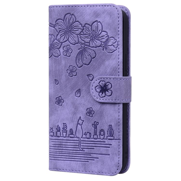 For iPhone 17e / 16e Cartoon Sakura Cat Embossed Leather Phone Case