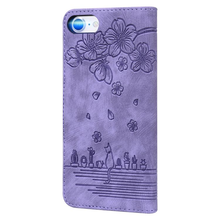 For iPhone 17e / 16e Cartoon Sakura Cat Embossed Leather Phone Case