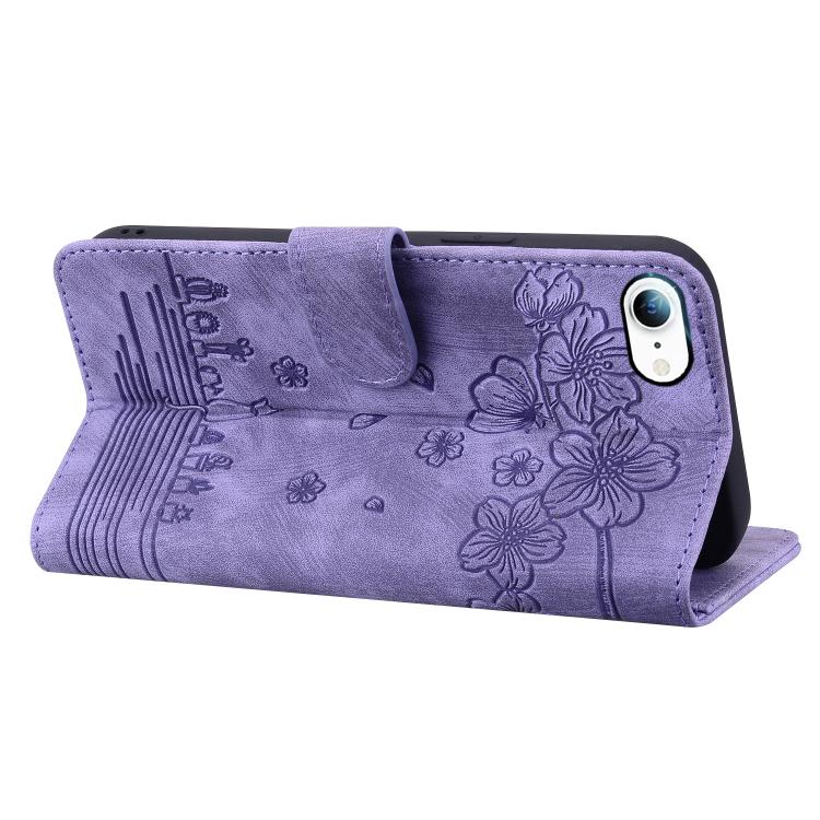 For iPhone 17e / 16e Cartoon Sakura Cat Embossed Leather Phone Case