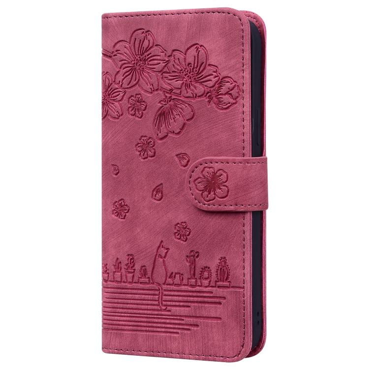 For iPhone 17e / 16e Cartoon Sakura Cat Embossed Leather Phone Case