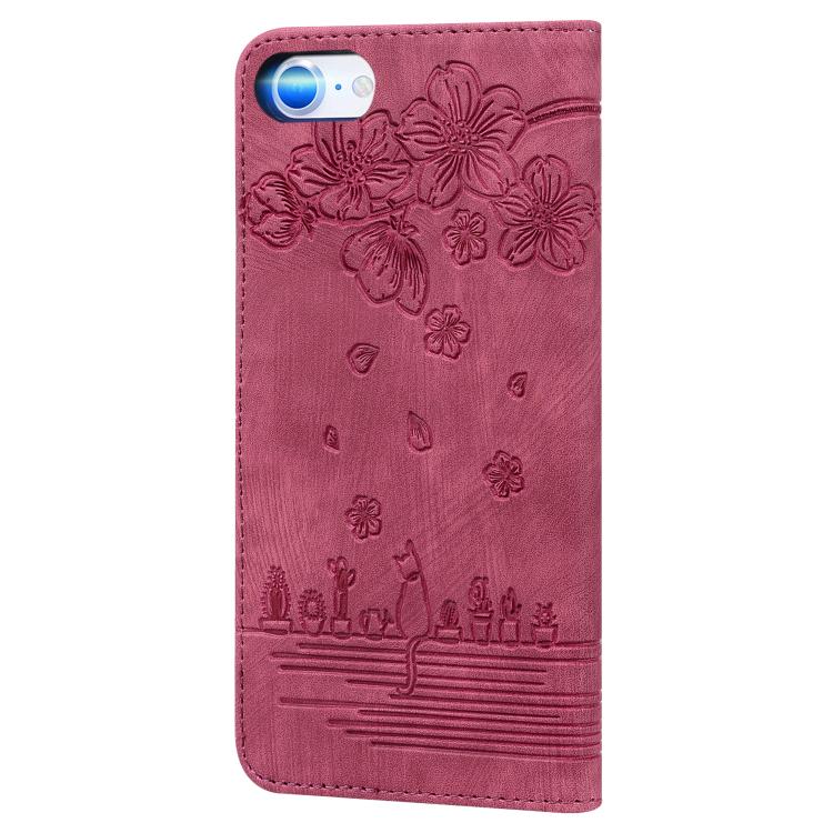 For iPhone 17e / 16e Cartoon Sakura Cat Embossed Leather Phone Case