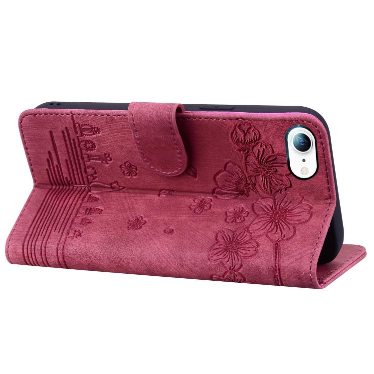 For iPhone 17e / 16e Cartoon Sakura Cat Embossed Leather Phone Case