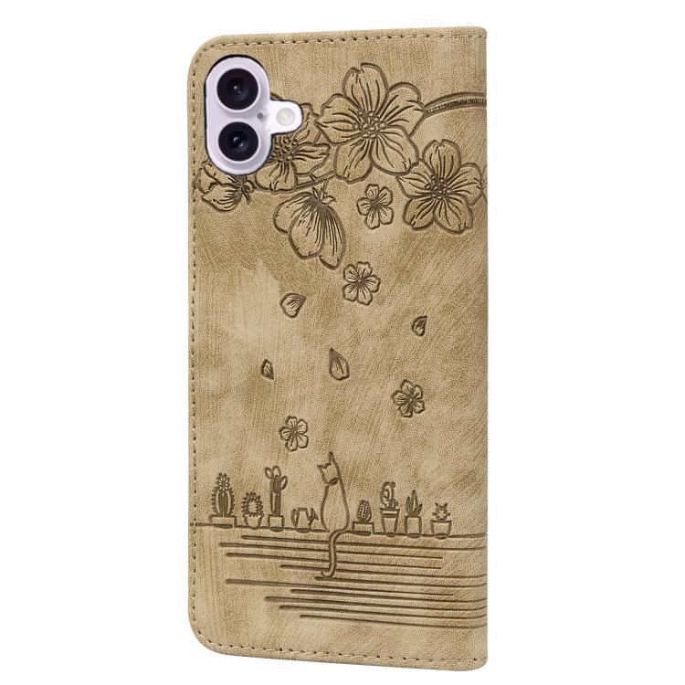 For iPhone 17 Cartoon Sakura Cat Embossed Leather Phone Case