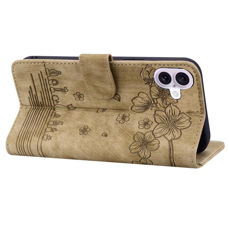 For iPhone 17 Cartoon Sakura Cat Embossed Leather Phone Case