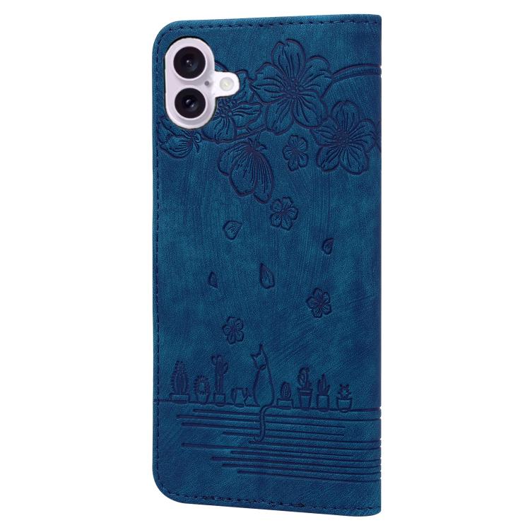 For iPhone 17 Cartoon Sakura Cat Embossed Leather Phone Case