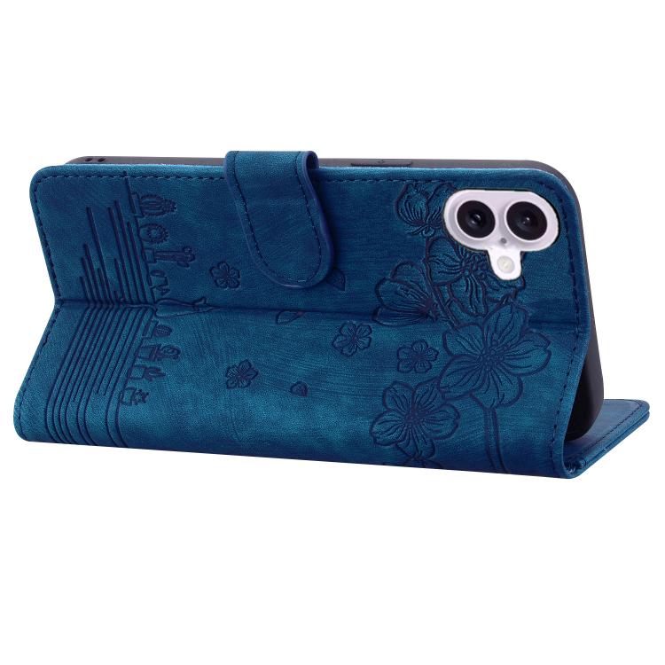 For iPhone 17 Cartoon Sakura Cat Embossed Leather Phone Case