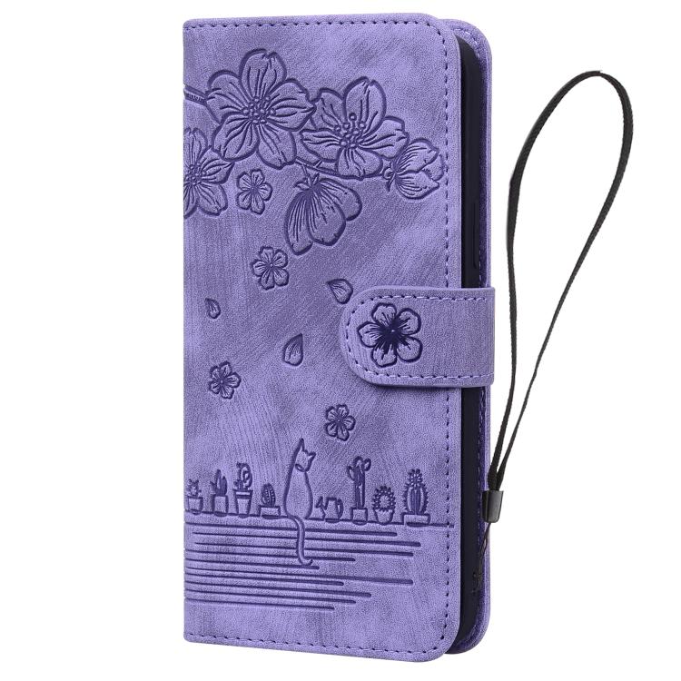 For iPhone 17 Cartoon Sakura Cat Embossed Leather Phone Case