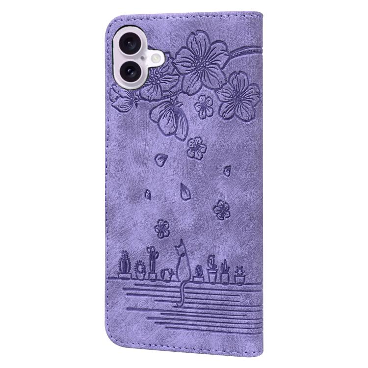 For iPhone 17 Cartoon Sakura Cat Embossed Leather Phone Case