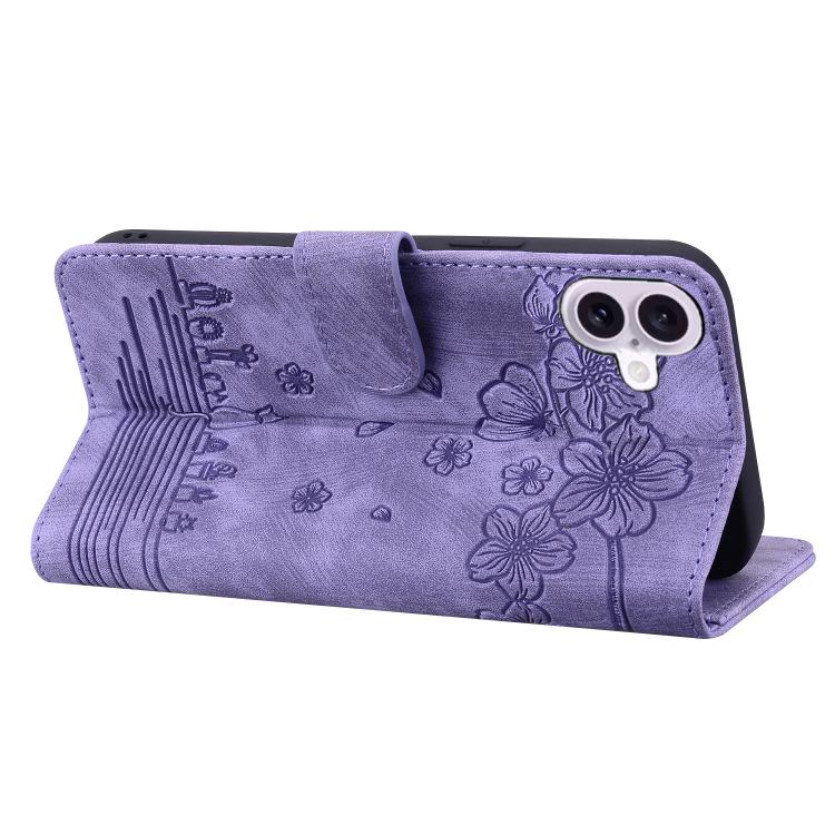 For iPhone 17 Cartoon Sakura Cat Embossed Leather Phone Case