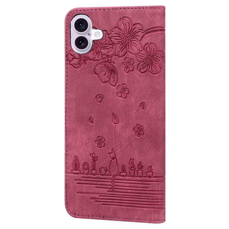 For iPhone 17 Cartoon Sakura Cat Embossed Leather Phone Case