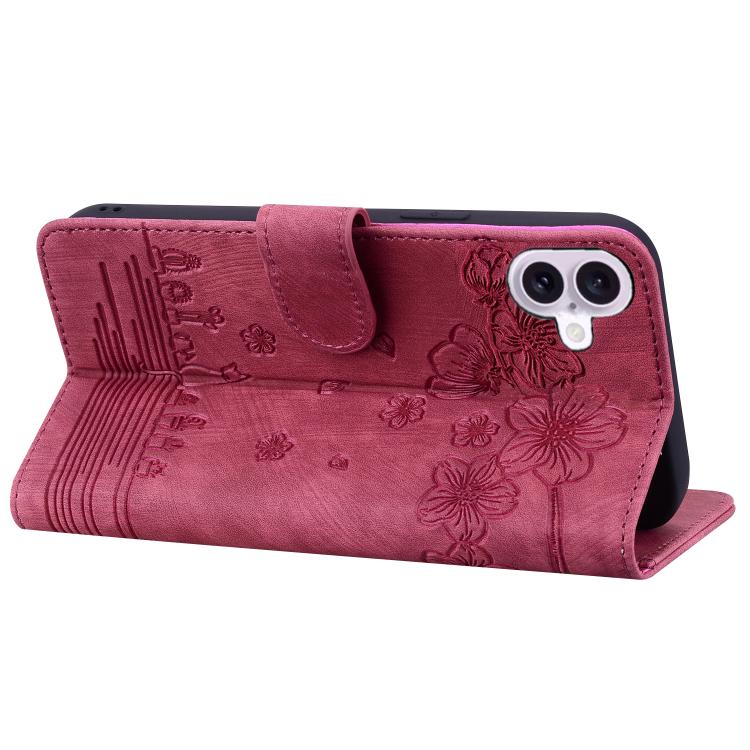 For iPhone 17 Cartoon Sakura Cat Embossed Leather Phone Case