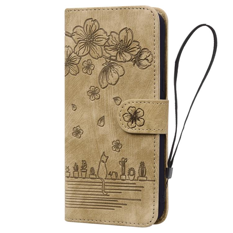 For iPhone Air Cartoon Sakura Cat Embossed Leather Phone Case