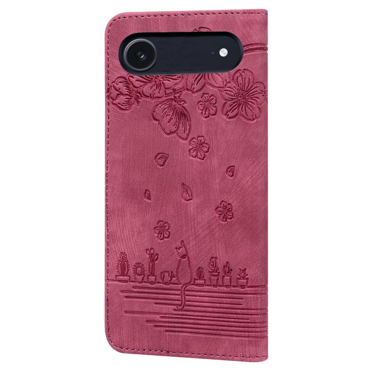 For iPhone Air Cartoon Sakura Cat Embossed Leather Phone Case