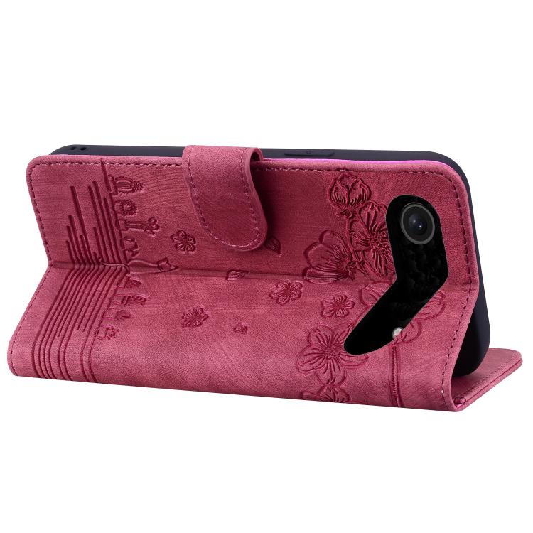 For iPhone Air Cartoon Sakura Cat Embossed Leather Phone Case