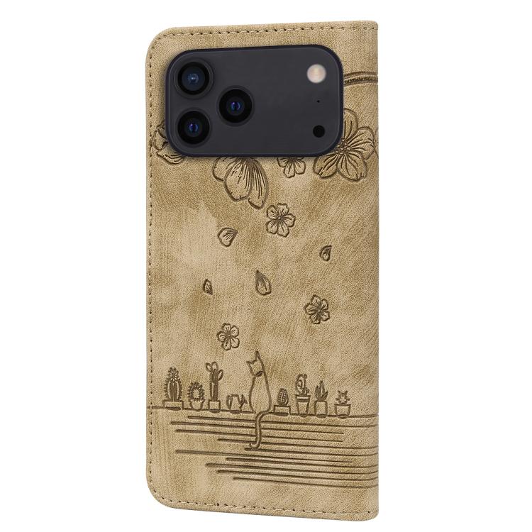 For iPhone 17 Pro Cartoon Sakura Cat Embossed Leather Phone Case