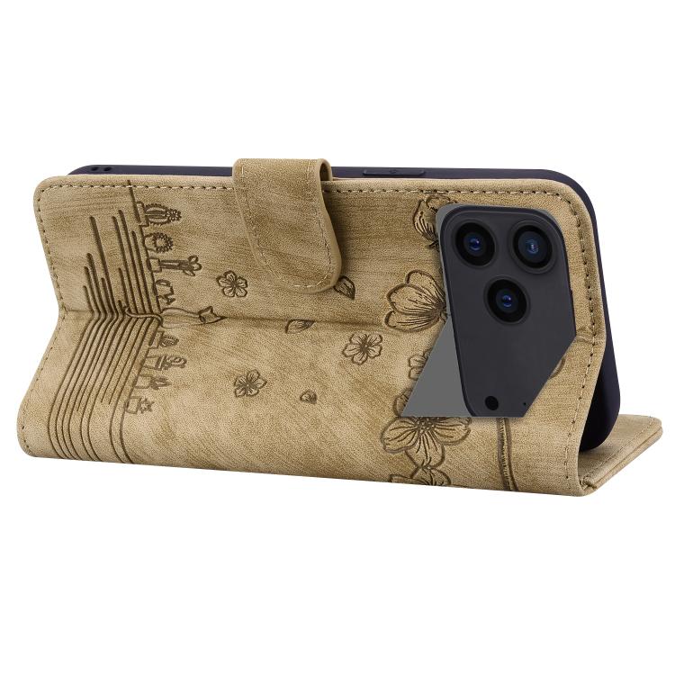 For iPhone 17 Pro Cartoon Sakura Cat Embossed Leather Phone Case