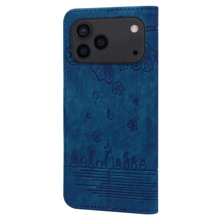 For iPhone 17 Pro Cartoon Sakura Cat Embossed Leather Phone Case