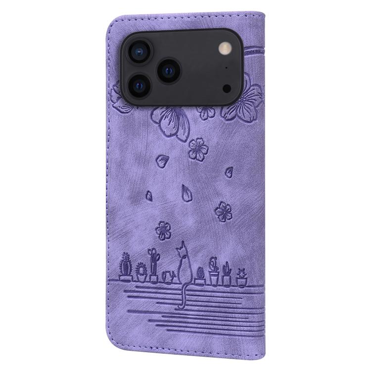 For iPhone 17 Pro Cartoon Sakura Cat Embossed Leather Phone Case